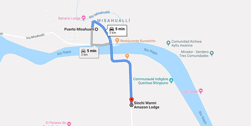 Directions from Puerto Misahualli to Sinchi Warmi